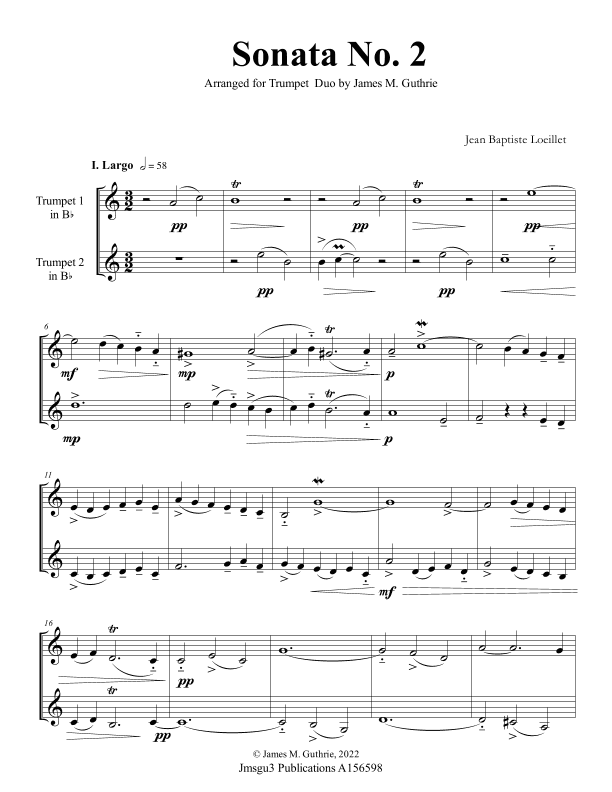 Loeillet: Sonata No. 2 for Trumpet Duo (arr. James M. Guthrie)