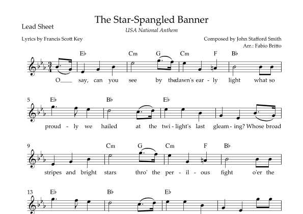 The Star Spangled Banner (USA National Anthem) Lead Sheet (Eb Major) (arr. Fabio Britto)