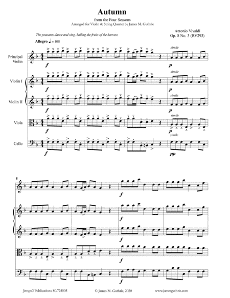 Vivaldi: Autumn from the Four Seasons for Violin & String Quartet (arr. James M. Guthrie, ASCAP)