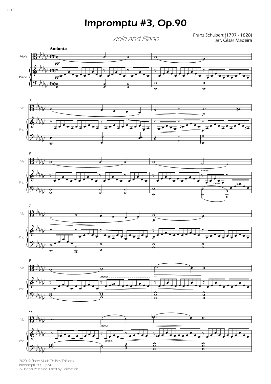 Impromptu No.3, Op.90 - Viola and Piano (Full Score) (arr. César Madeira)