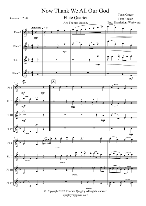 Now Thank We All Our God (Flute Quartet) (arr. Thomas Quigley)