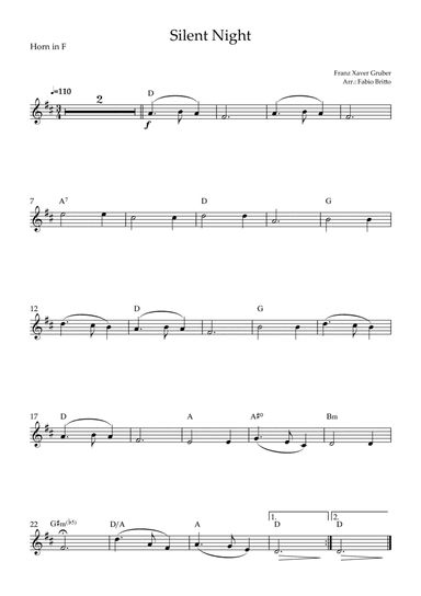 Silent Night (Christmas Song) for Horn in F Solo with Chords (arr. Fabio Britto)
