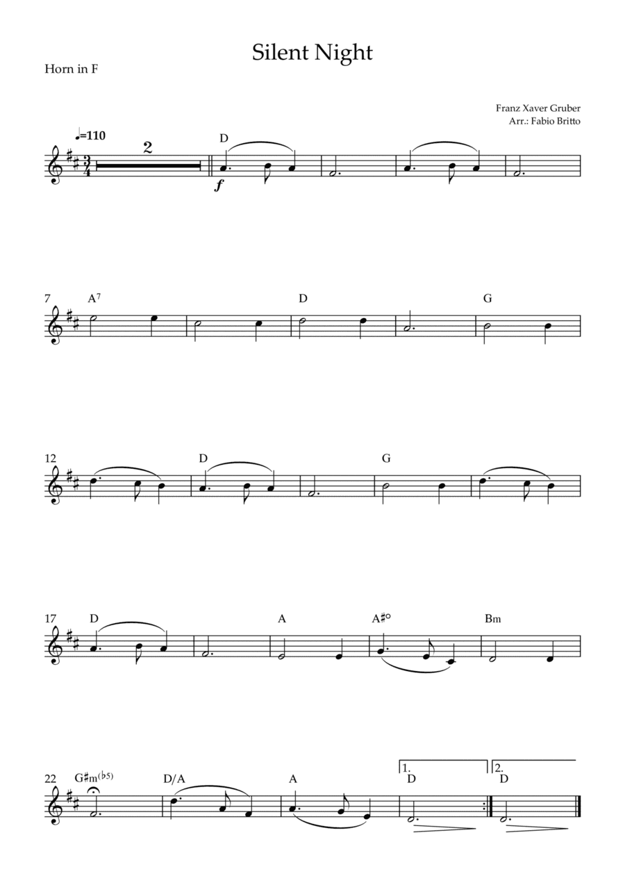 Silent Night (Christmas Song) for Horn in F Solo with Chords (arr. Fabio Britto)