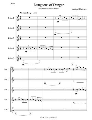 Dungeons of Danger for five classical guitars (Score and Parts)