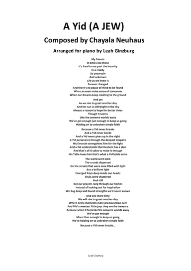 A Yid (A JEW) Piano solo version arranged by Leah Ginzburg (arr. Leah Ginzburg)