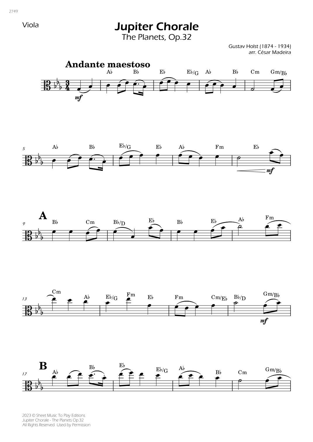 Jupiter Chorale from The Planets - Viola Solo - W/Chords (arr. César Madeira)