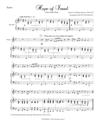 Hope of Israel - Easy Piano Duet for Teacher and Student (beginner) (arr. Betsy Lee Bailey)