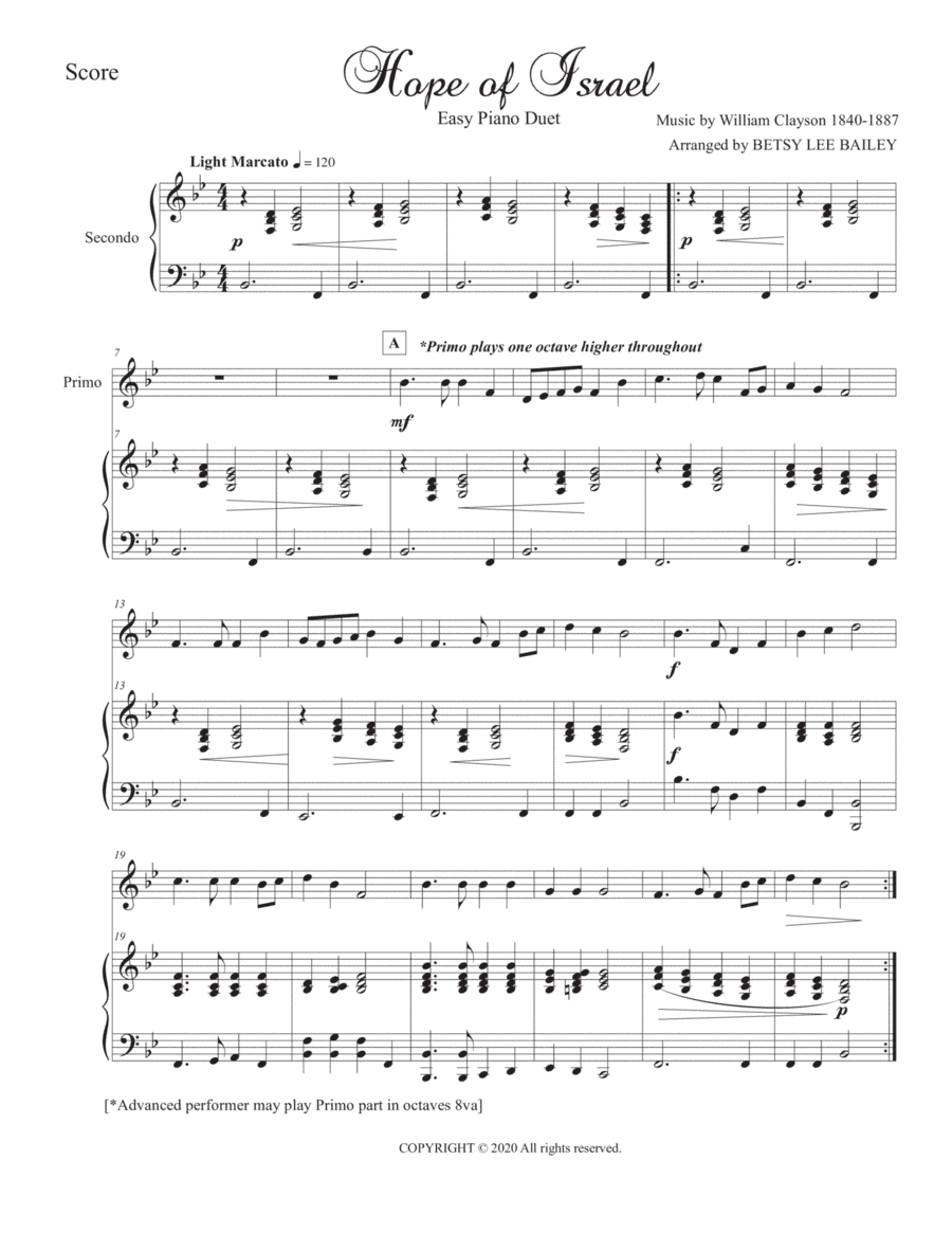 Hope of Israel - Easy Piano Duet for Teacher and Student (beginner) (arr. Betsy Lee Bailey)