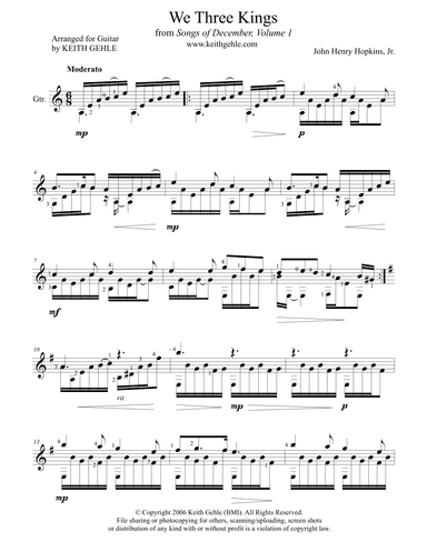 "We Three Kings" for solo classical fingerstyle guitar (arr. Keith W. Gehle)