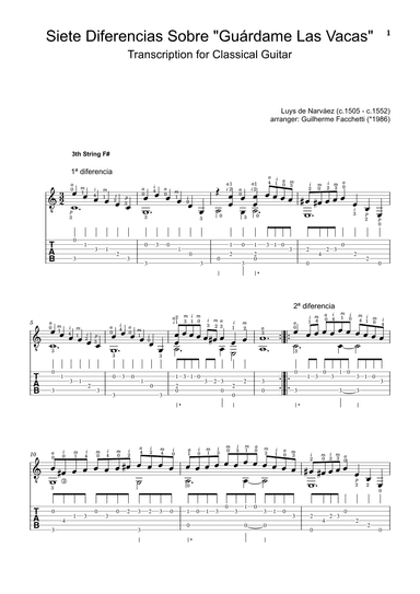 Luys de Narváez - Siete Diferencias sobre Guárdame las Vacas - Classical Guitar and Tablature (arr. Guilherme Facchetti Ribeiro)