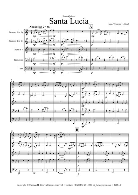 Santa Lucia - Italian Folk Song - Here in the twighlight - Brass Quintet (arr. Thomas H. Graf)