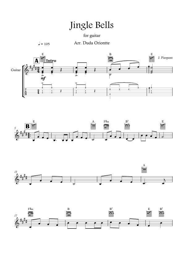 Jingle Bells (E major - TABS - no lyrics) (arr. Duda Oriontte)