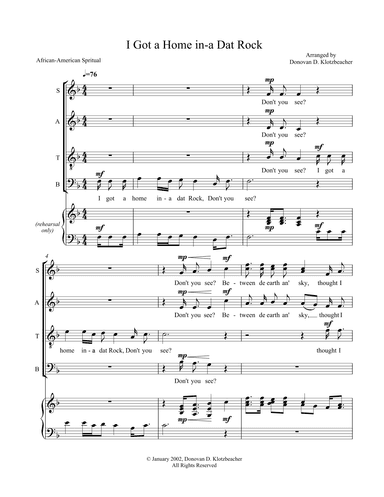 I Got a Home In-a Dat Rock (arr. Donovan D. Klotzbeacher)