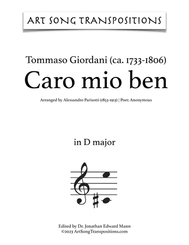 GIORDANI: Caro mio ben (transposed to D major, D-flat major, and C major) (arr. ArtSongTranspositions.com)