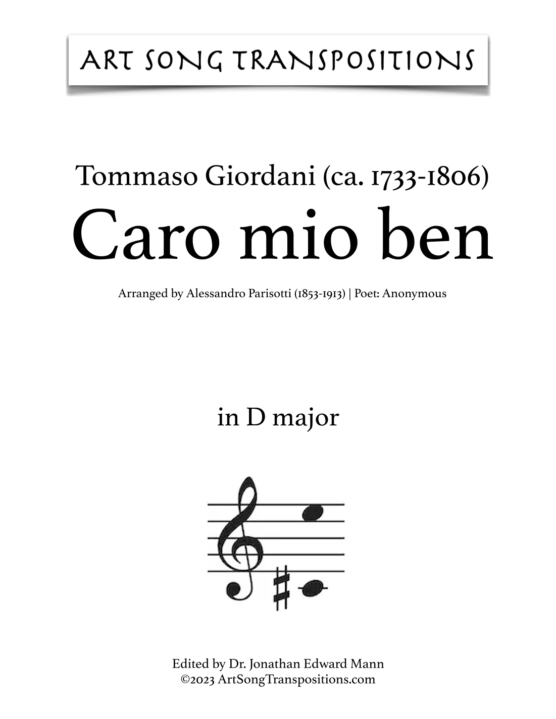 GIORDANI: Caro mio ben (transposed to D major, D-flat major, and C major) (arr. ArtSongTranspositions.com)
