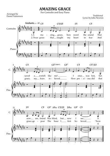 Amazing Grace (for contralto vocal with easy piano) (arr. Daniel Nakamura)