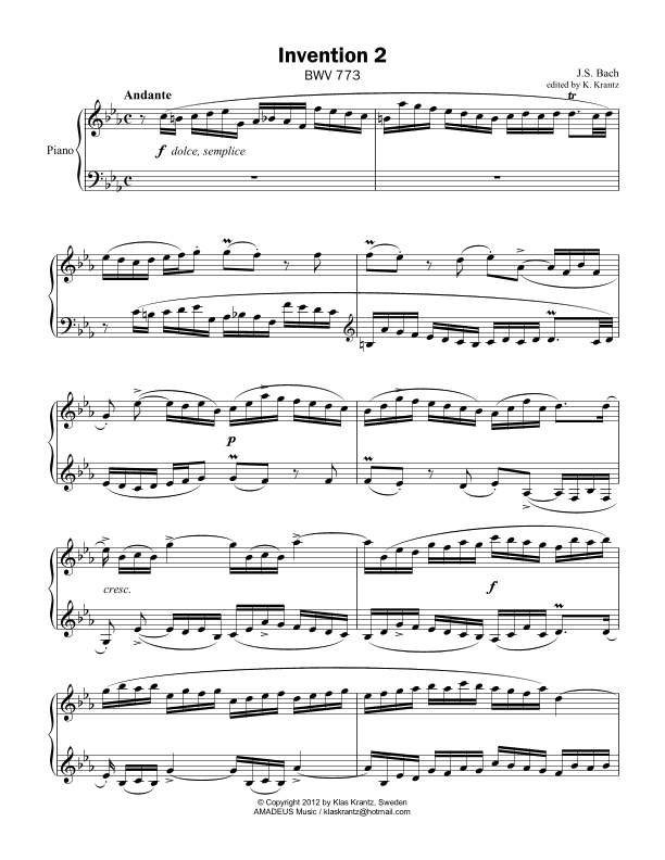 Invention No. 2, C Minor for piano solo (arr. K. Krantz)