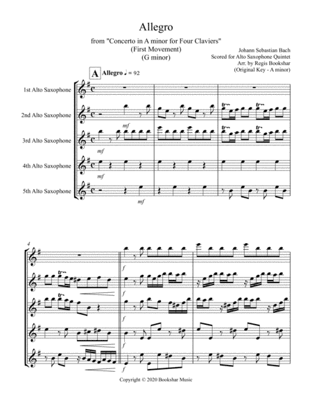 Allegro (from "Concerto for Four Claviers") (G min) (Alto Saxophone Quintet) (arr. Regis Bookshar)