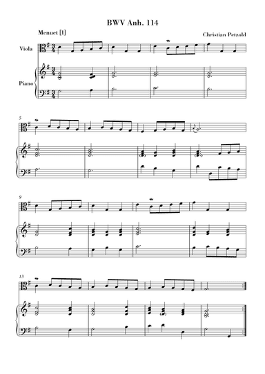 Bach - Minuet in G major and G minor (BWV Anh. 114 - 115) for Viola and Piano (arr. Ahiva Editions)