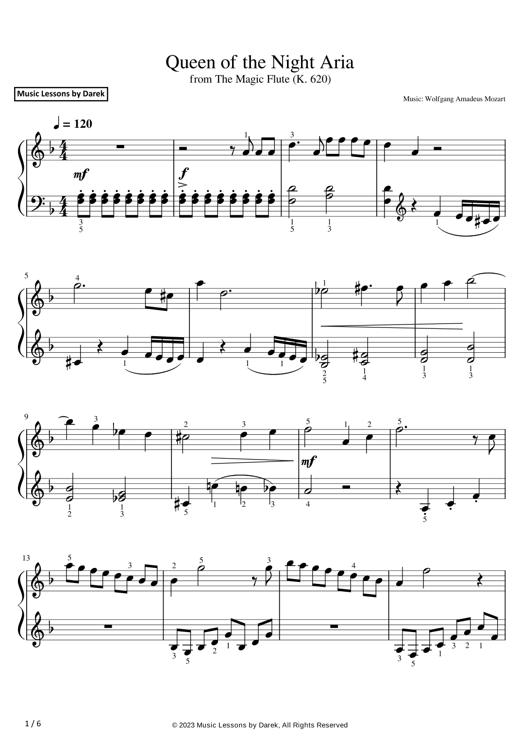 Queen of the Night Aria (EASY PIANO) from The Magic Flute (K. 620) [Wolfgang Amadeus Mozart] (arr. Darek)