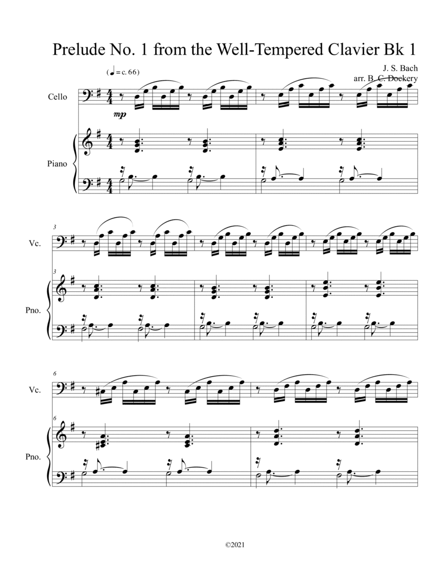 Prelude No.1 from The Well-Tempered Clavier Book 1 BWV 846 (Cello Solo) with piano accompaniment (arr. B. C. Dockery)