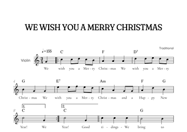 We Wish You a Merry Christmas for violin • easy Christmas sheet music with chords and lyrics (arr. Benzaiten Editions)