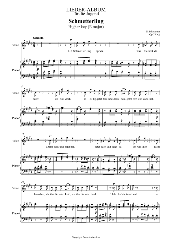Schmetterling Op 79 N2 in E major (Higher key) (arr. Score Animations)