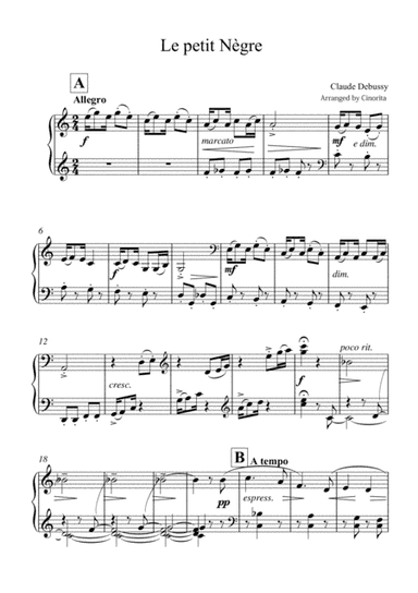 "Le Petit Negre" The Little Nigar C.Debussy (Intermediate Level) (arr. Cinorita)