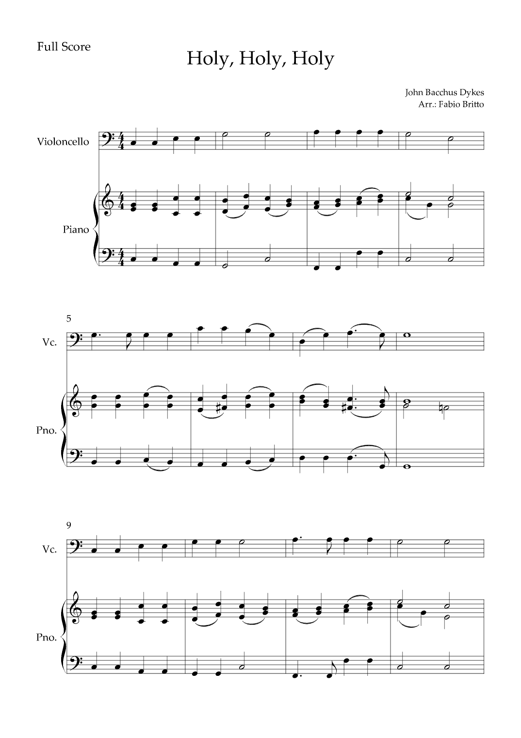Holy, Holy, Holy (Traditional Christian Song) for Cello Solo and Piano Accompaniment (arr. Fabio Britto)