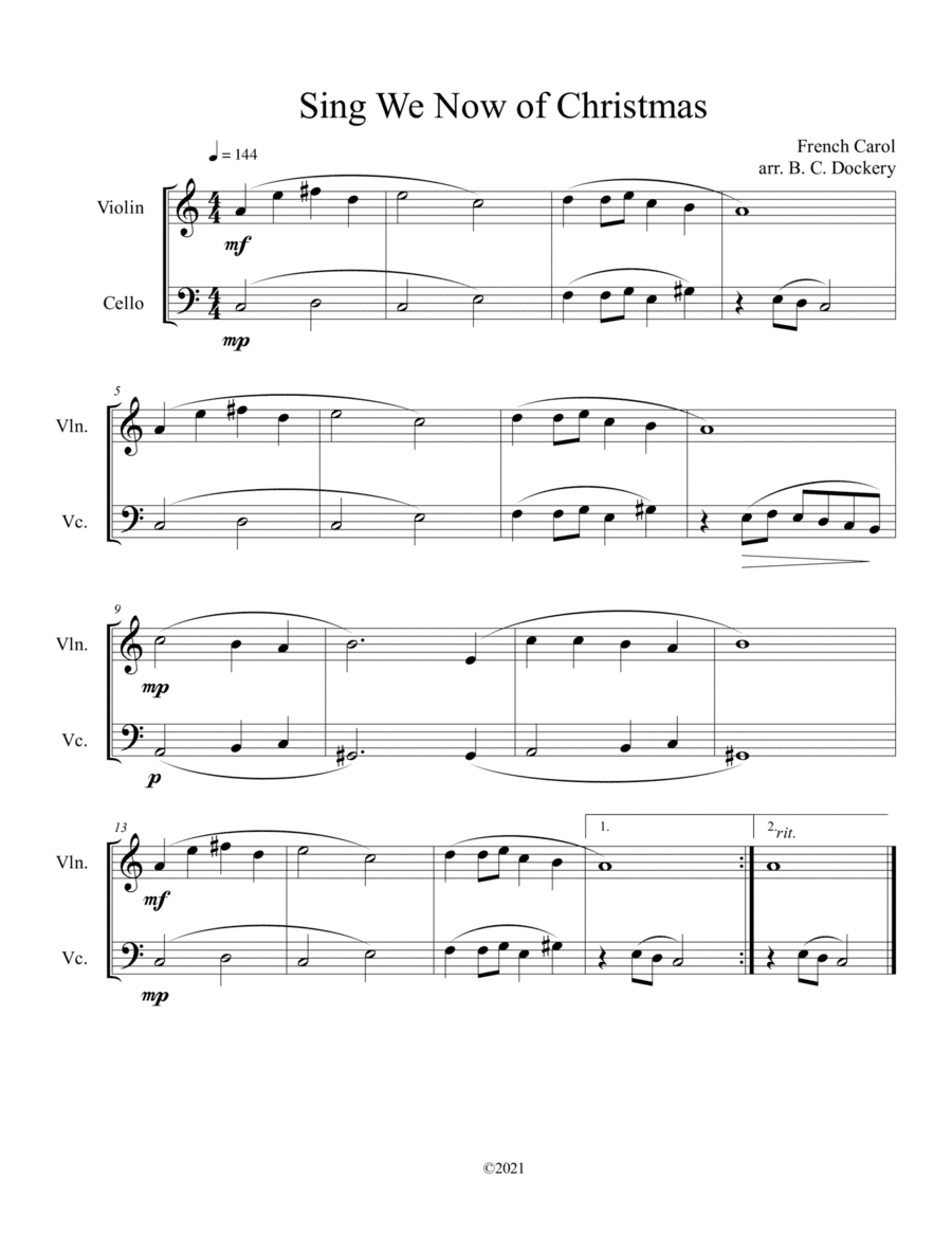 Sing We Now of Christmas (Violin and Cello Duet) (arr. B. C. Dockery)
