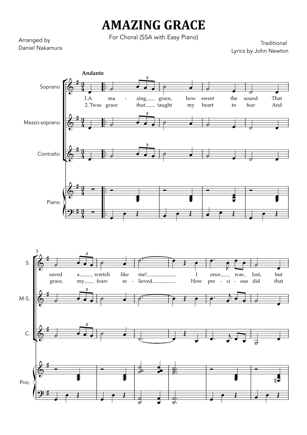 Amazing Grace (for Choral - SSA with Easy Piano) (arr. Daniel Nakamura)