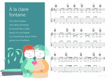 A la claire fontaine music sheet with melody guitar chords and guitar tabs (arr. iEduArts Publishers)