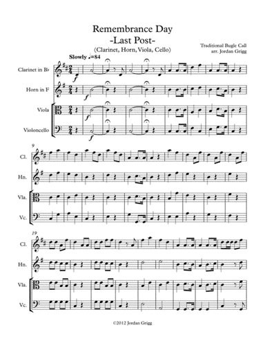 Remembrance Day. 'Last Post' (Clarinet, Horn, Viola, Cello) (arr. Jordan Grigg)
