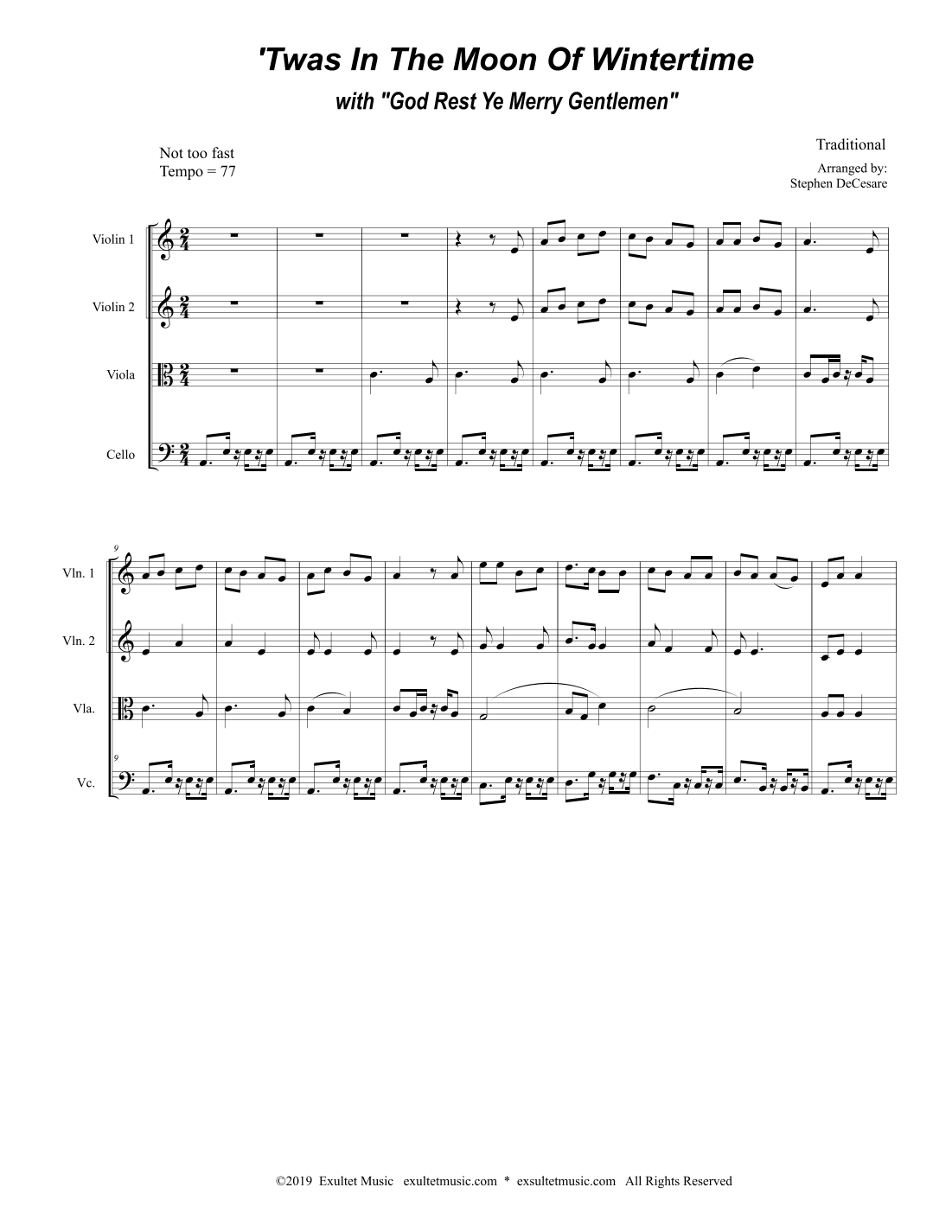 'Twas In The Moon Of Wintertime (with "God Rest Ye Merry Gentlemen") (String Quartet and Piano) (arr. Stephen DeCesare)