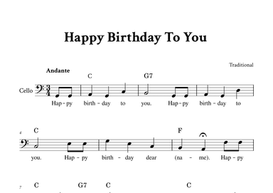 Happy Birthday To You - Cello in C (with Chords and Lyrics) (arr. Yuri Noronha)