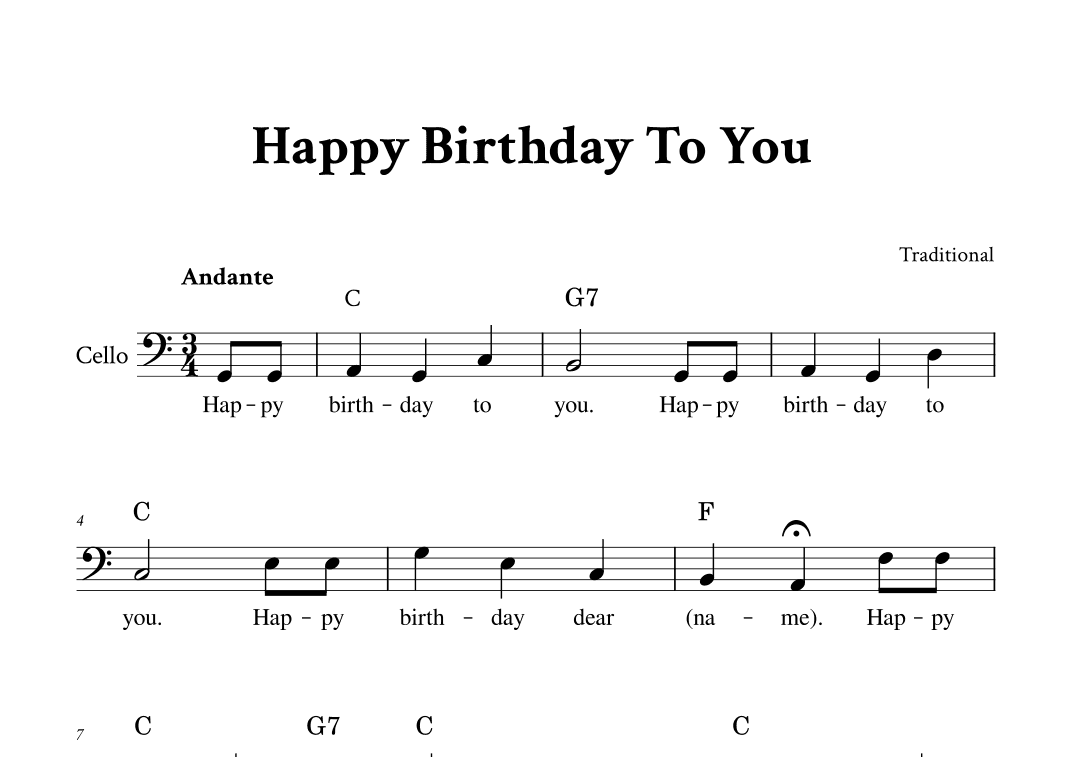 Happy Birthday To You - Cello in C (with Chords and Lyrics) (arr. Yuri Noronha)