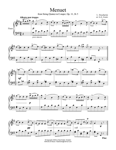 Menuet/Minuet by Boccherini for easy piano solo (arr. K. Krantz)