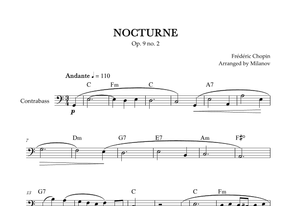 Chopin Nocturne op. 9 no. 2 | String Bass | C Major | Chords | Easy beginner (arr. Milanov)