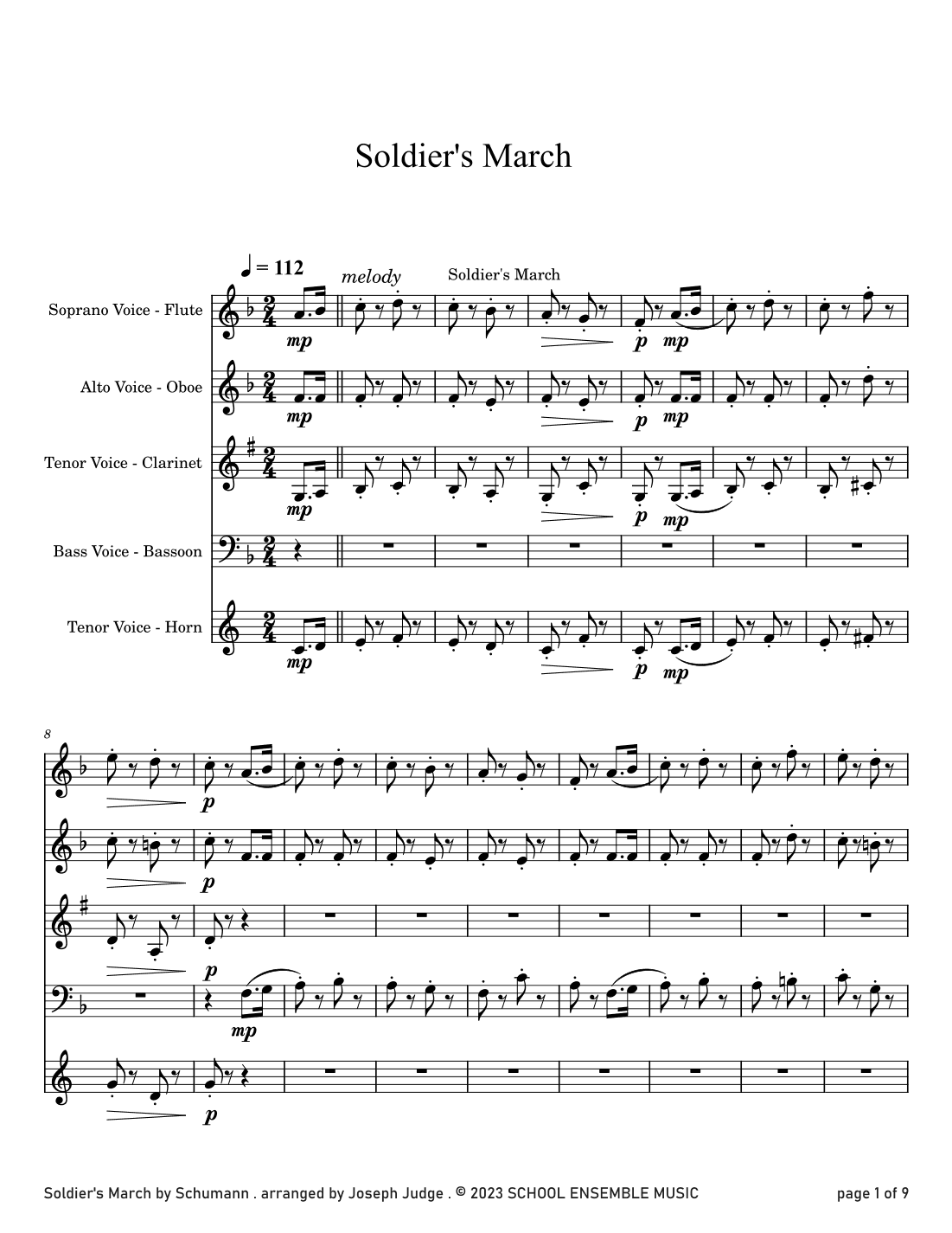 Soldier's March by Schumann for Woodwind Quartet in Schools (arr. Joseph Judge)