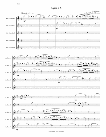 Mozart Kyrie canon a 5 arranged for 5 alto recorders (arr. David Warin Solomons)