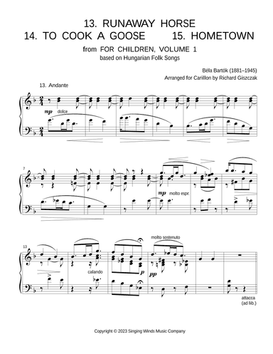 For Children, Volume 1: 13. Runaway Horse, 14. To Cook a Goose, 15. Hometown (arr. Richard Giszczak)
