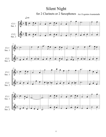 Silent Night [Stille Nacht] - Easy Christmas song for 2 Clarinets or 2 Saxophones (arr. Evgenios Anastasiadis)