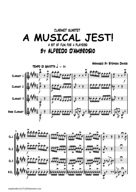 'A Musical Jest' By Alfredo D'ambrosio,Clarinet Quartet, a bit of fun for 4 players! (arr. Stephen Davies)