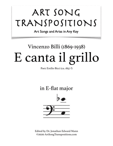 BILLI: E canta il grillo (transposed to E-flat major, bass clef) (arr. ArtSongTranspositions.com)