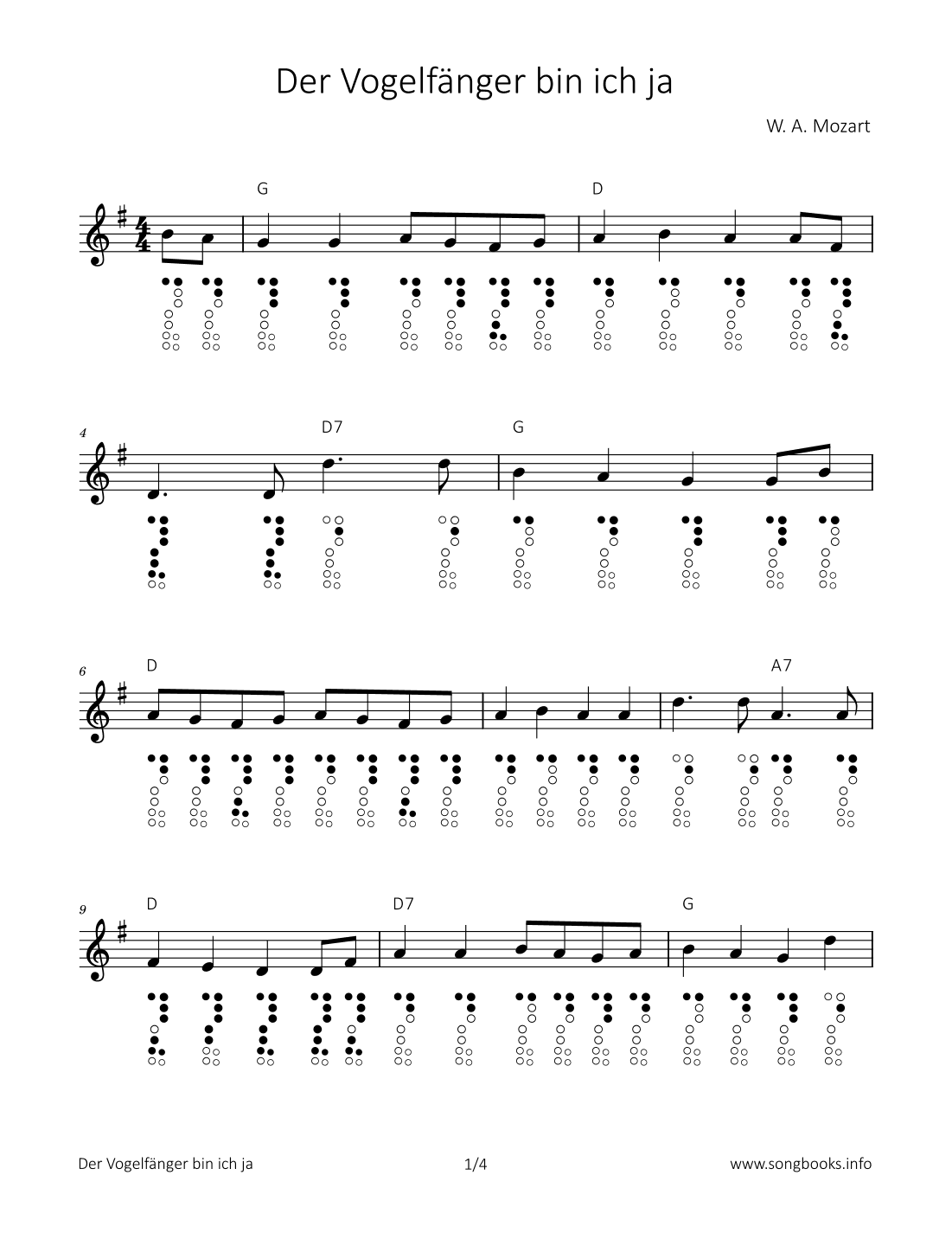 Der Vogelfänger bin ich ja (arr. songbooks.info)