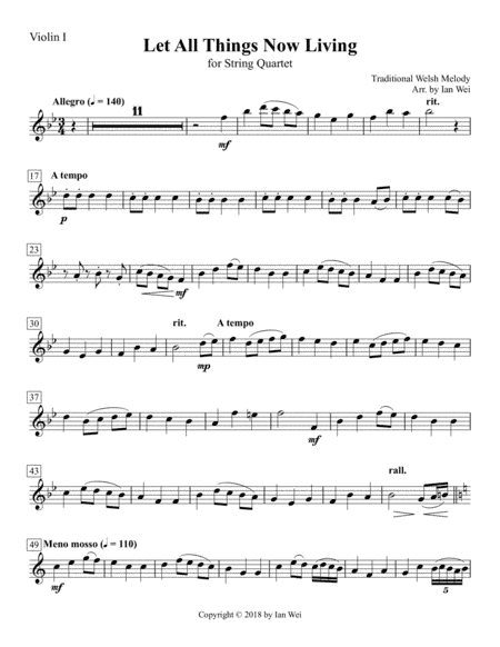 Let All Things Now Living for String Quartet (arr. Ian Wei)
