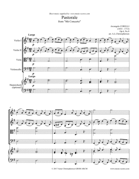 Pastorale from Christmas Concerto - String Quartet (optional Harpsichord) (arr. Anne L Christopherson GRSM ARCM)