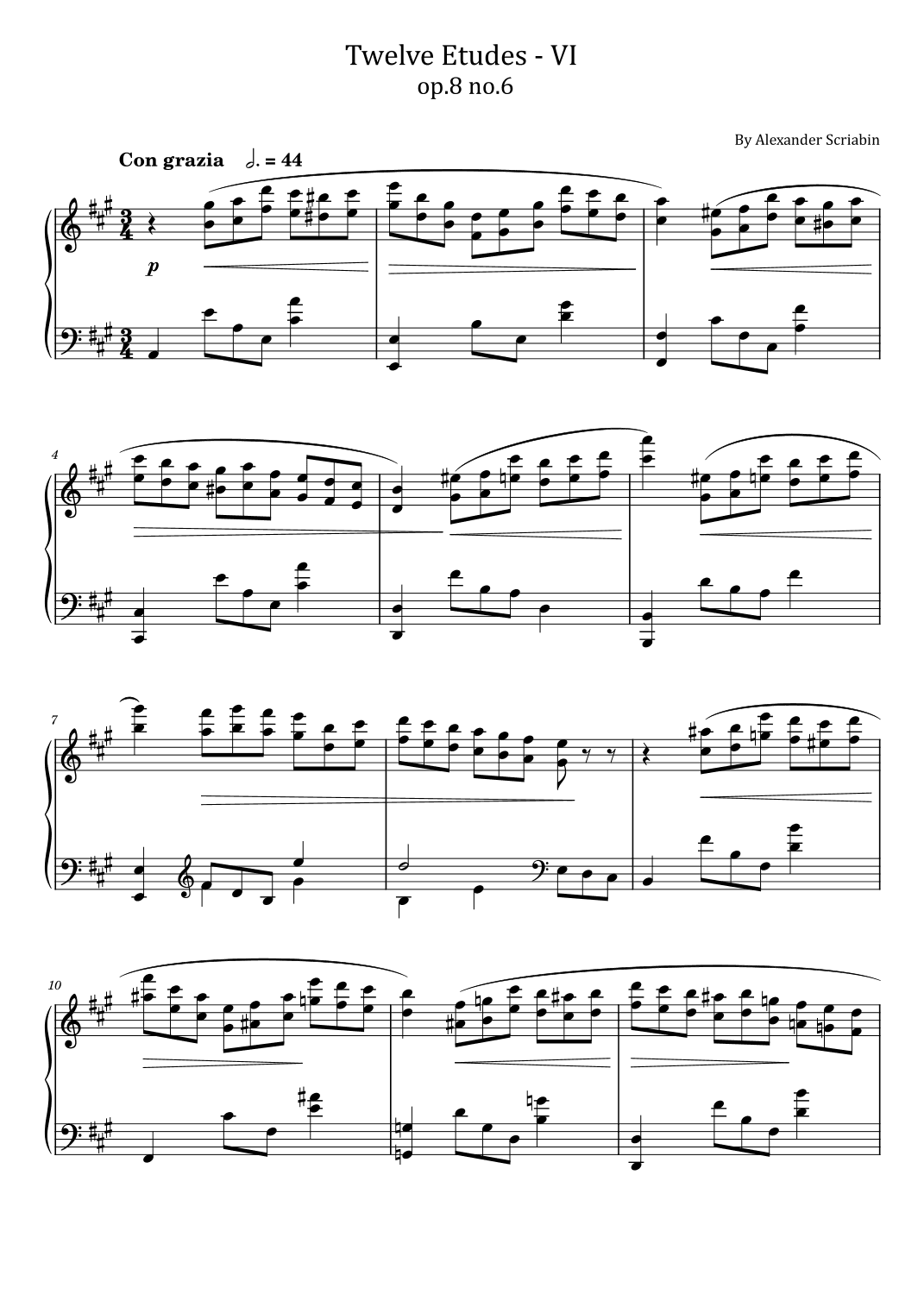 Scriabin - 12 Etudes VI - Op.8 No.6 - in A major For Piano Solo Original (arr. poon)