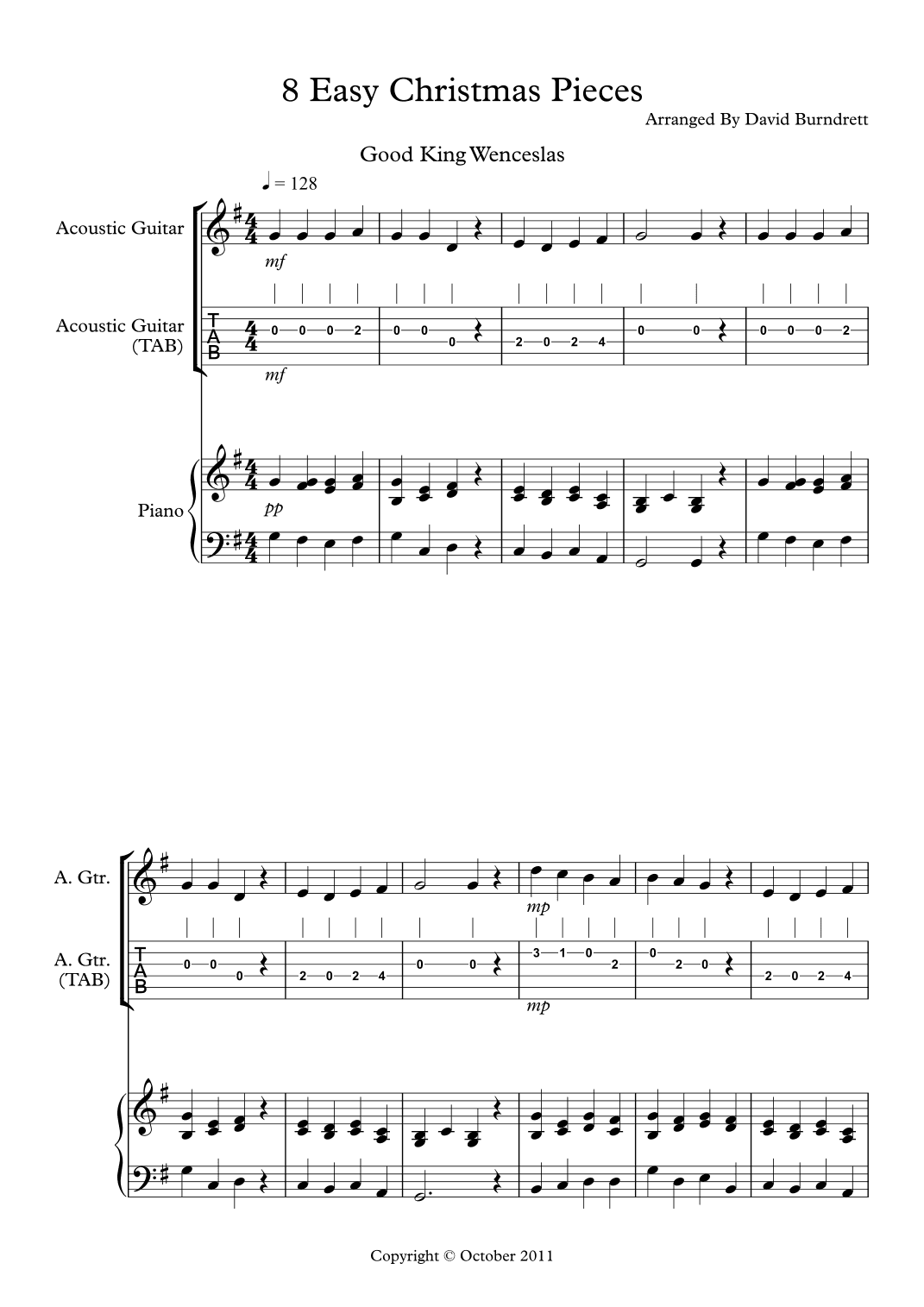 8 Easy Christmas Duets for Guitar (including TAB) and Piano (arr. David Burndrett)