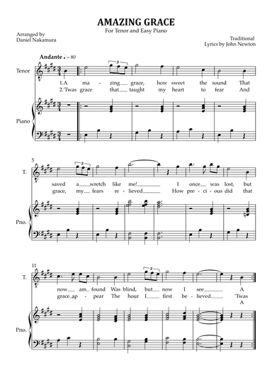 Amazing Grace (for tenor vocal with easy piano) (arr. Daniel Nakamura)